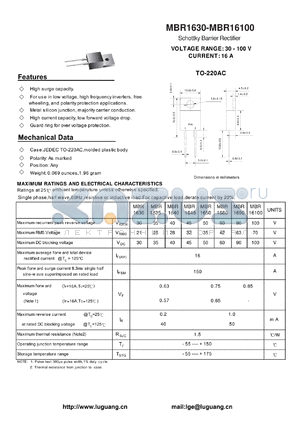 MBR1650 datasheet - Schottky Barrier Rectifier