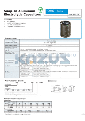 MHS16V153M22X25 datasheet - Snap-In Aluminum Electrolytic Capacitors