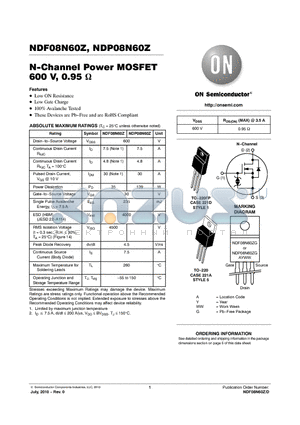 NDP08N60Z datasheet - N-Channel Power MOSFET 600 V, 0.95 