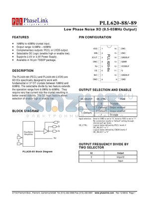 PLL620-88 datasheet - Low Phase Noise XO (9.5-65MHz Output)