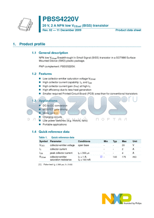 PBSS4220V datasheet - 20 V, 2 A NPN low VCEsat (BISS) transistor