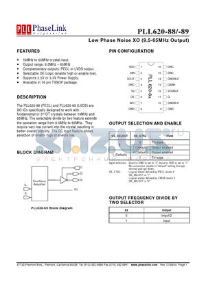 PLL620-8XOC datasheet - Low Phase Noise XO (9.5-65MHz Output)