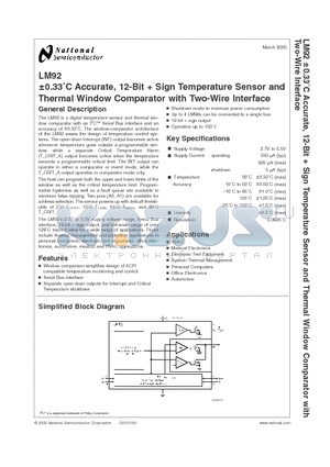 LM92 datasheet - a0.33`C Accurate, 12-Bit  Sign Temperature Sensor and Thermal Window Comparator with Two-Wire Interface