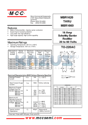 MBR1660 datasheet - 16 Amp Schottky Barrier Rectifier 20 to 60 Volts