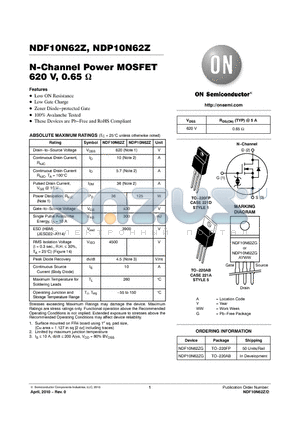 NDP10N62ZG datasheet - N-Channel Power MOSFET 620 V, 0.65 