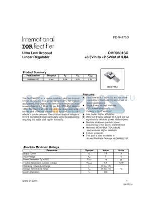 OMR9601SCP datasheet - Ultra Low Dropout Linear Regulator 3.3Vin to 2.5Vout at 3.0A