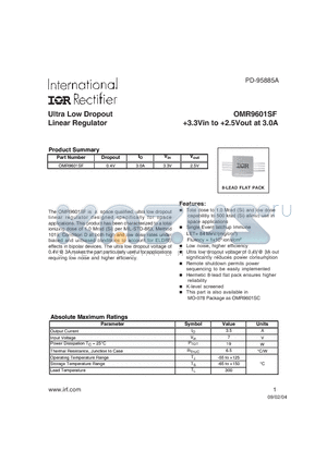 OMR9601SFK datasheet - Ultra Low Dropout Linear Regulator (3.3Vin to 2.5Vout at 3.0A)