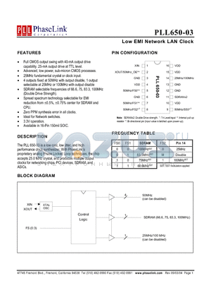 PLL650-03SC datasheet - Low EMI Network LAN Clock