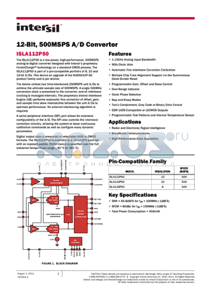 ISLA112P50IRZ datasheet - 12-Bit, 500MSPS A/D Converter