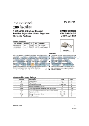 OMR9604SC datasheet - 1 M Rad(Si) Ultra Low Dropout Positive Adjustable Linear Regulator Hermetic Package