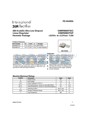 OMR9807SCH datasheet - 200 Krad(Si) Ultra Low Dropout Linear Regulator Hermetic Package