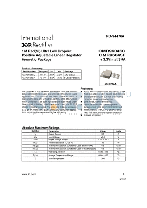 OMR9604SF datasheet - 1 M Rad(Si) Ultra Low Dropout Positive Adjustable Linear Regulator Hermetic Package