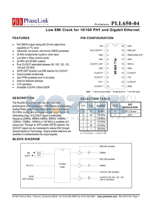 PLL650-04BILR datasheet - Low EMI Clock for 10/100 PHY and Gigabit Ethernet