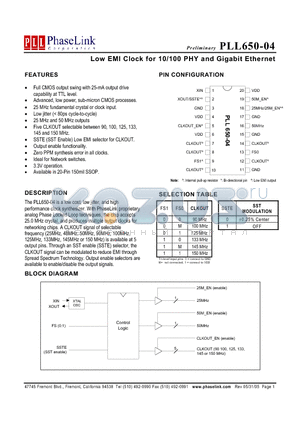 PLL650-04CILR datasheet - Low EMI Clock for 10/100 PHY and Gigabit Ethernet