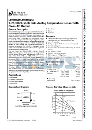 LM94022 datasheet - 1.5V, SC70, Multi-Gain Analog Temperature Sensor with Class-AB Output