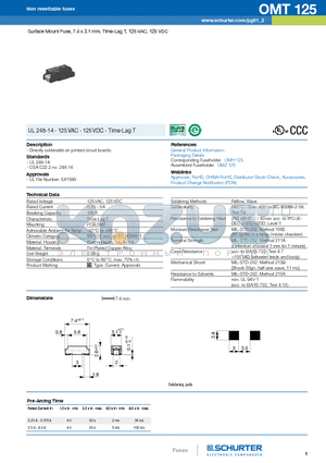 OMT125 datasheet - Surface Mount Fuse, 7.4 x 3.1 mm, Time-Lag T, 125 VAC, 125 VDC