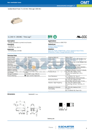 OMT datasheet - Surface Mount Fuse, 11 x 4.6 mm, Time-Lag T, 250 VAC