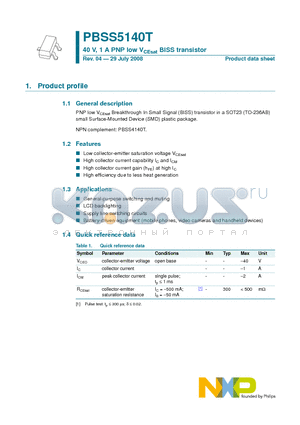 PBSS5140T datasheet - 40 V, 1 A PNP low VCEsat BISS transistor