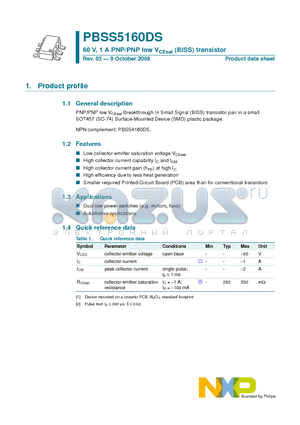 PBSS5160DS datasheet - 60 V, 1 A PNP/PNP low VCEsat (BISS) transistor