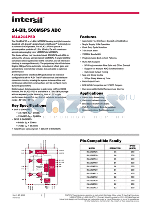 ISLA212P20 datasheet - 14-Bit, 500MSPS ADC Programmable Built-in Test Patterns