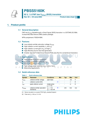 PBSS5160K datasheet - 60 V, 1 A PNP low VCEsat (BISS) transistor