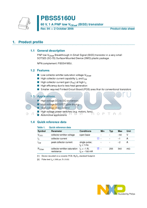 PBSS5160U datasheet - 60 V, 1 A PNP low VCEsat (BISS) transistor