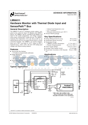 LM96011 datasheet - Hardware Monitor with Thermal Diode Input and SensorPath Bus