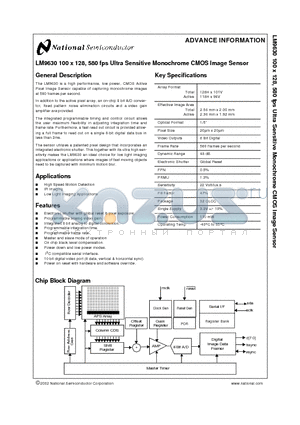LM96-1/5-LENS-KIT datasheet - LM9630 100 x 128, 580 fps Ultra Sensitive Monochrome CMOS Image Sensor