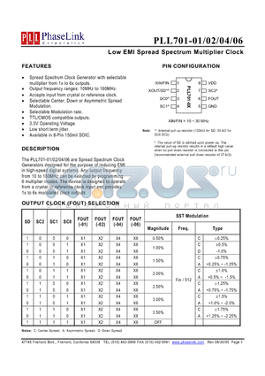 PLL701-01 datasheet - Low EMI Spread Spectrum Multiplier Clock