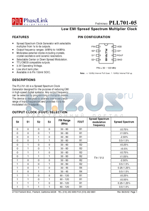PLL701-05SC datasheet - Low EMI Spread Spectrum Multiplier Clock