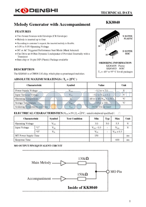 KK8040 datasheet - Melody Generator with Accompaniment