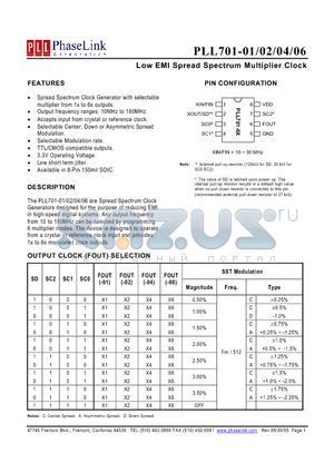 PLL701-0XXIL datasheet - Low EMI Spread Spectrum Multiplier Clock
