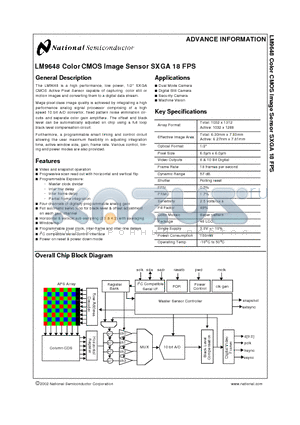 LM9648 datasheet - LM9648 Color CMOS Image Sensor SXGA 18 FPS