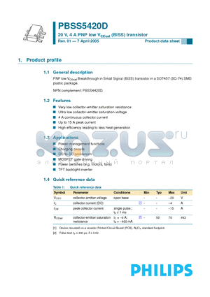 PBSS5420D-1 datasheet - 20 V, 4 A PNP low VCEsat (BISS) transistor