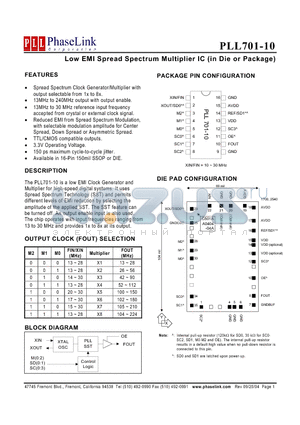 PLL701-10 datasheet - Low EMI Spread Spectrum Multiplier IC (in Die or Package)