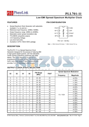 PLL701-11SI datasheet - Low EMI Spread Spectrum Multiplier Clock