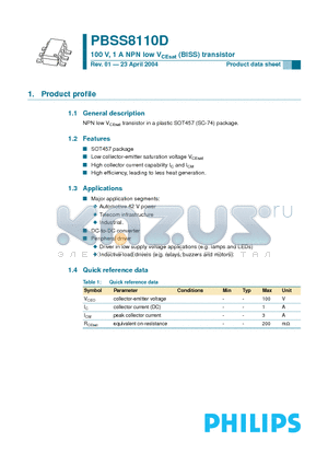 PBSS8110D datasheet - 100 V, 1 A NPN low VCEsat (BISS) transistor