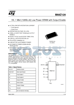 M68Z128-55N1 datasheet - 5V, 1 Mbit 128Kb x8 Low Power SRAM with Output Enable