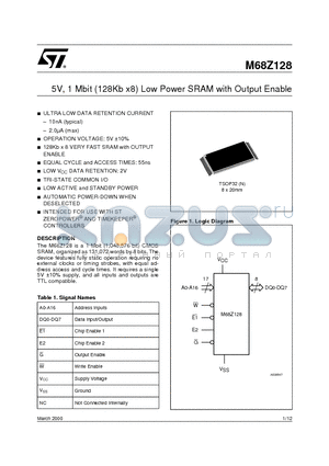 M68Z128N datasheet - 5V, 1 Mbit 128Kb x8 Low Power SRAM with Output Enable