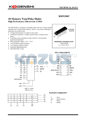 KK91260C datasheet - 10 Memory Tone/Pulse Dialer High-Performance Silicon-Gate CMOS