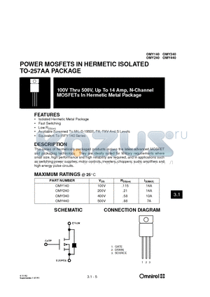 OMY140 datasheet - POWER MOSFETS IN HERMETIC ISOLATED TO-257AA PACKAGE