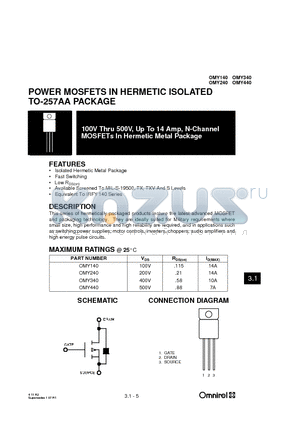 OMY240 datasheet - POWER MOSFETS IN HERMETIC ISOLATED TO-257AA PACKAGE