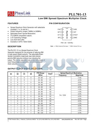 PLL701-13SC-R datasheet - Low EMI Spread Spectrum Multiplier Clock