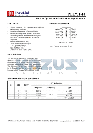 PLL701-14SI datasheet - Low EMI Spread Spectrum 6x Multiplier Clock