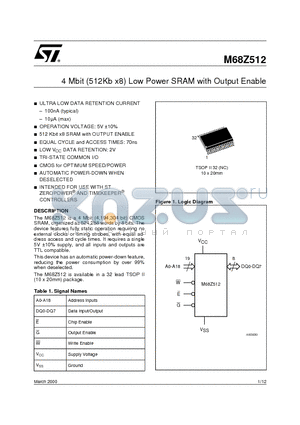 M68Z512NC datasheet - 4 Mbit 512Kb x8 Low Power SRAM with Output Enable