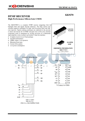 KK9270 datasheet - DTMF RECEIVER High-Performance Silicon-Gate CMOS