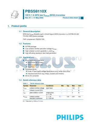 PBSS8110X datasheet - 100 V, 1 A NPN low VCEsat (BISS) transistor