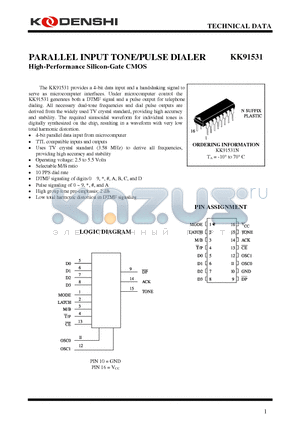 KK91531 datasheet - PARALLEL INPUT TONE/PULSE DIALER High-Performance Silicon-Gate CMOS