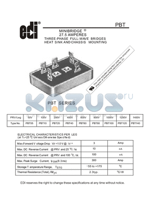 PBT10 datasheet - 27.5 AMPERES THREE-PHASE FULL-WAVE BRIDGES HEAT SINK AND CHASSIS MOUNTING