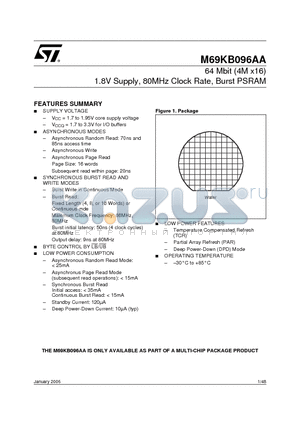 M69KB096AA70CW8 datasheet - 64 Mbit (4M x16) 1.8V Supply, 80MHz Clock Rate, Burst PSRAM